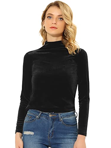 Allegra K Women's Long Sleeve Shirt Mock Neck Stretchy Velvet